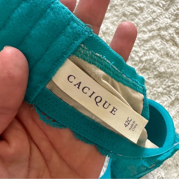 Cacique Quarterly Lace Plunge Bra 42C Underwire Padded Adjustable Strap Teal - Picture 6 of 8